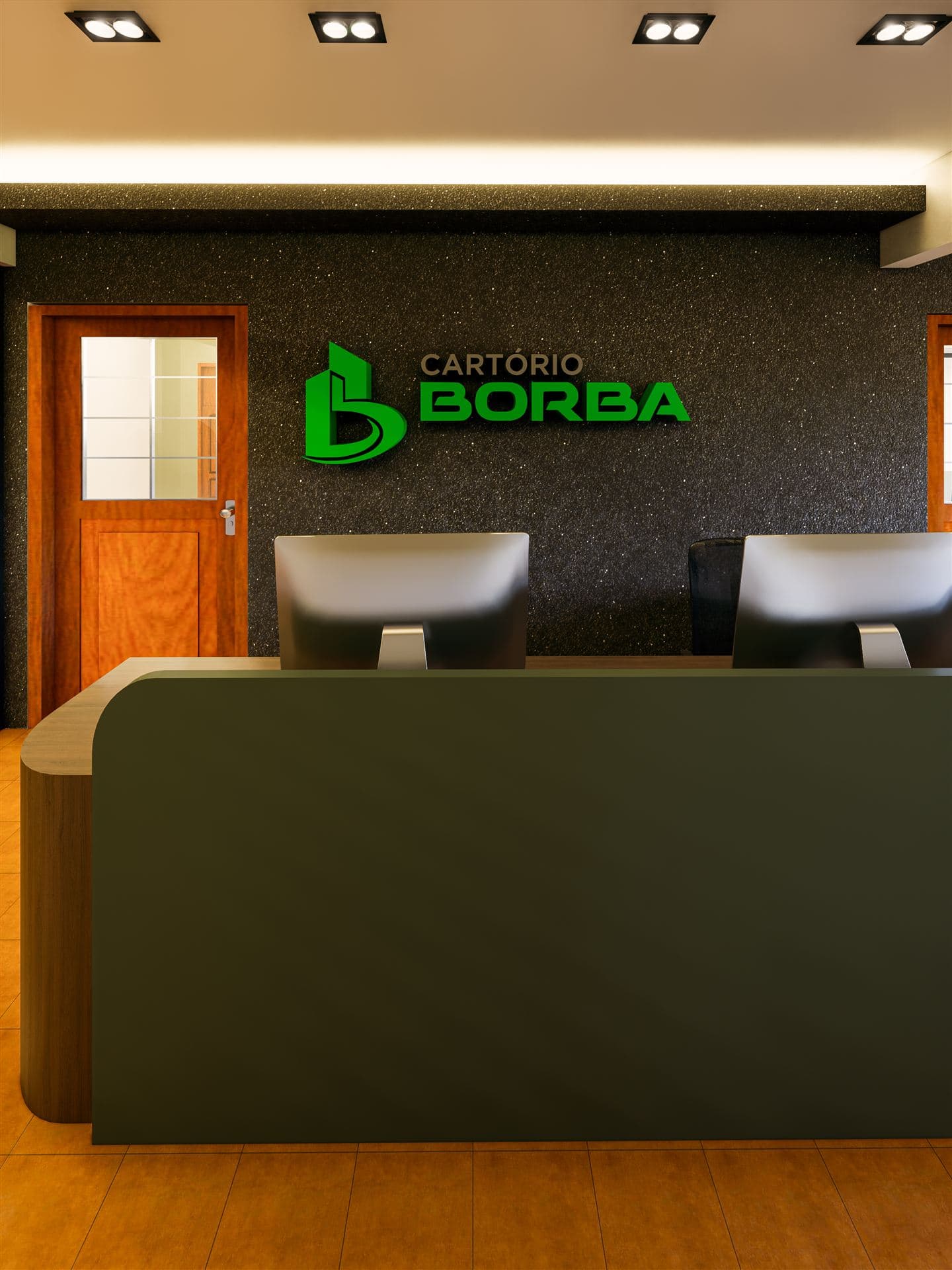 Render do projeto arquitetônico da recepção da nova sede do Cartório Borba, com o logo na parede
